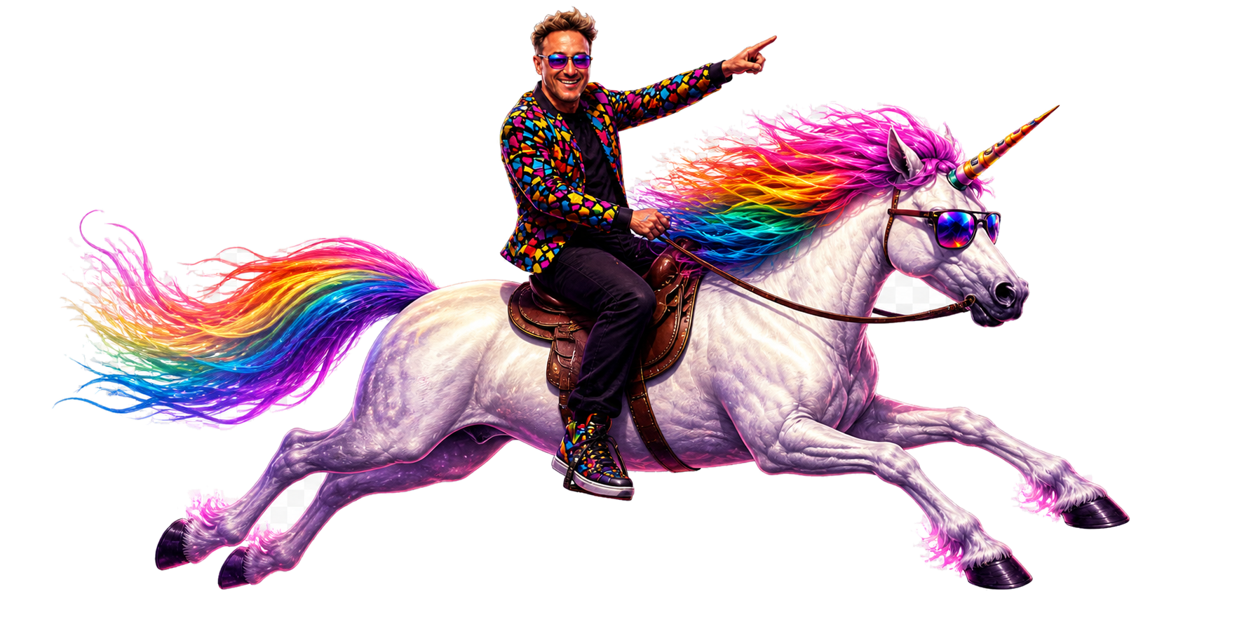 Scottie riding his rainbow-maned unicorn