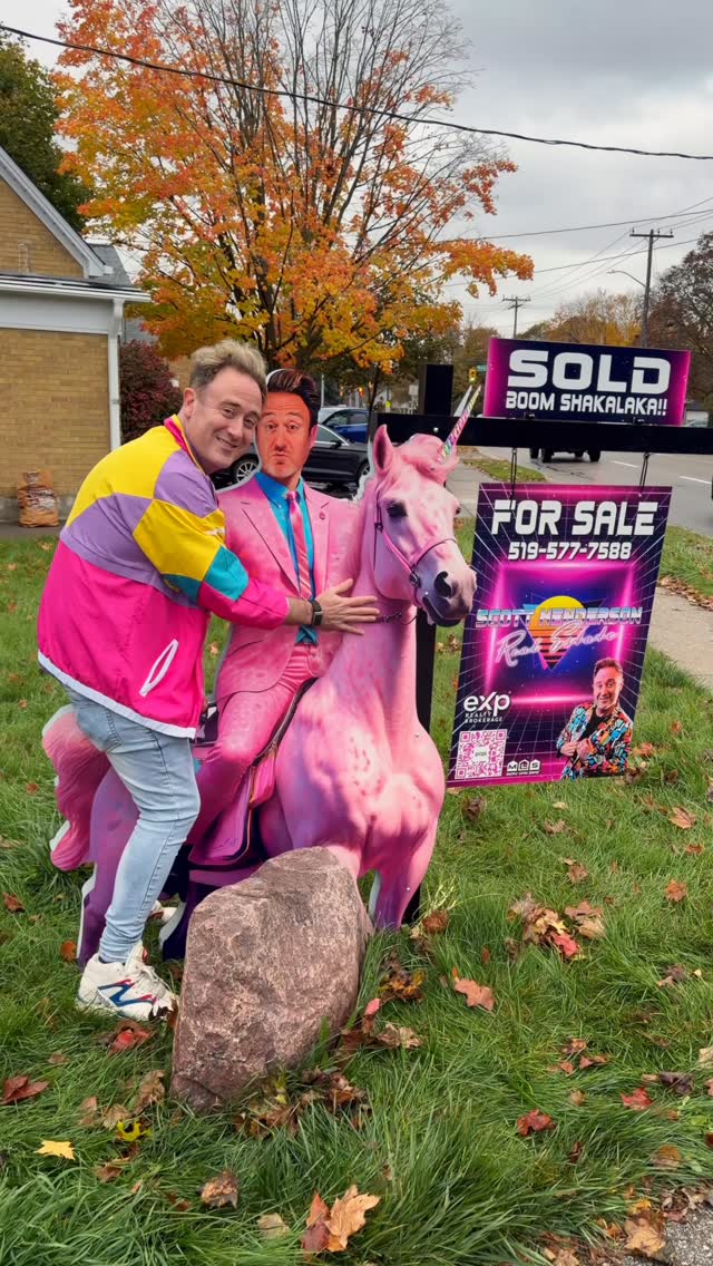 Scottie introducing his giant pink unicorn real estate sign