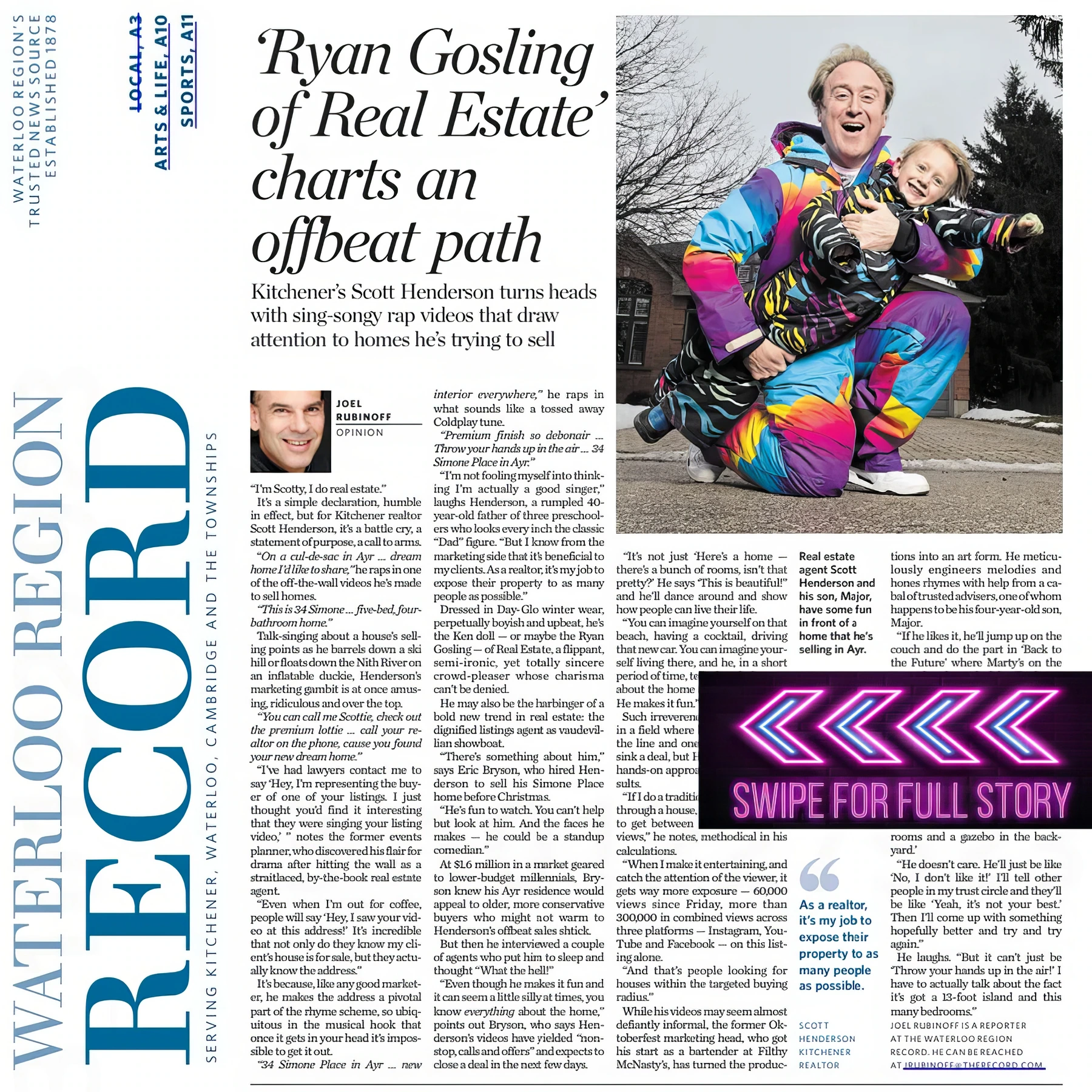 The Record's full newspaper layout, with the headline, article and photo of Scottie and his son.